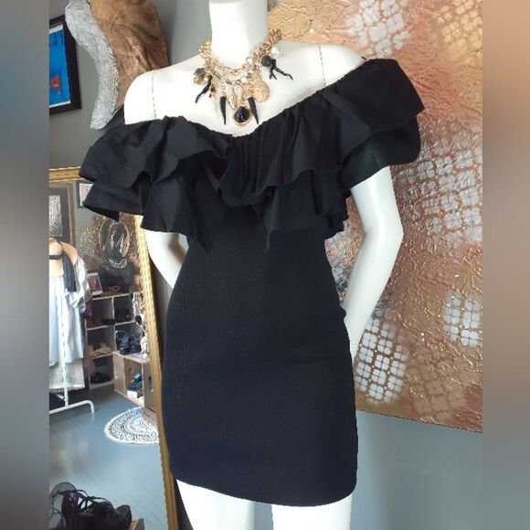 Zara NWT 100% Cotton Elegant Black Ruffled Mini Dress - Picture 6 of 10
